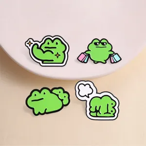 Cute cartoon frog enamel pin set, funny meme metal brooch details, kawaii backpack accessory