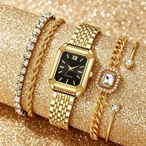 Juego de reloj de cuarzo para mujer con esfera negra cuadrada y pulseras doradas elegantes.
