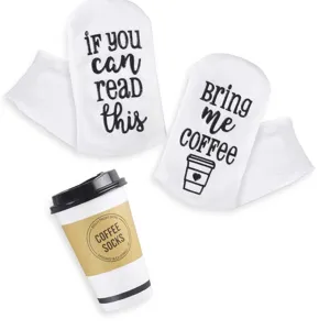 Comfortable white thermal crew socks with funny coffee lover quotes printed on soles.