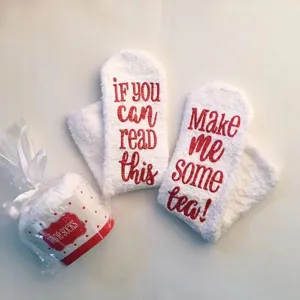 Cozy warm plush women crew socks with funny red letter print gift packaging detail