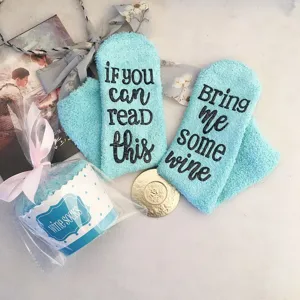Cozy fuzzy novelty socks with funny letter print, soft warm winter plush socks for women home.