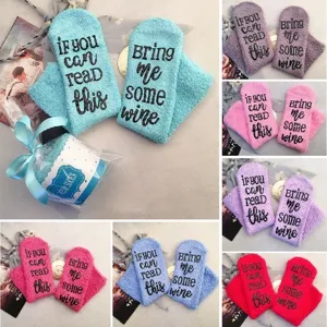 Cozy fuzzy socks featuring funny text on soles, warm winter crew socks in multi colors.