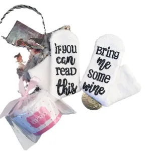 Funny fuzzy wine socks for women, cozy warm winter crew socks with letter print gift set.