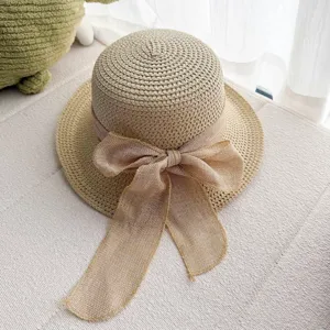 Chapeau de Soleil en Paille Bord Large pour Femme Respirant Ajouré Tissé Main Nœud Pliable Protection Solaire de Plage