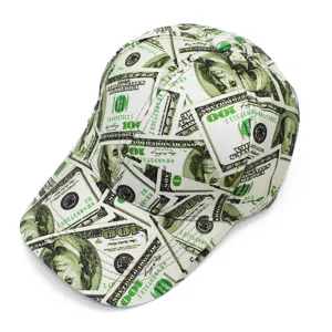 Vista detallada de gorra de béisbol con estampado de dólar estadounidense, sombrero unisex.