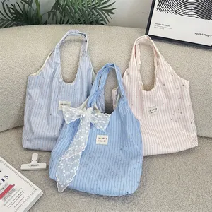 Ins style striped star canvas tote bag casual fabric handbag with cute lace bow and small label.