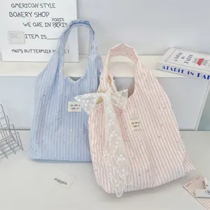 Women Star Striped Sequin Tote Bag Ins Minimalist Polyester Handbag Casual Storage Shoulder Bag With Bow Decoration Gift