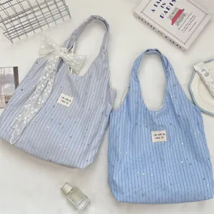 Blue striped star tote bag casual fabric handbag minimalist ins style daily shopping bag
