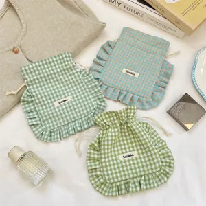 Cute gingham drawstring pouch with ruffles fabric storage bag sweet organizer for travel daily.