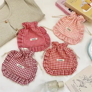 Cute plaid drawstring pouch cute fabric storage bag sweet portable underwear organizer