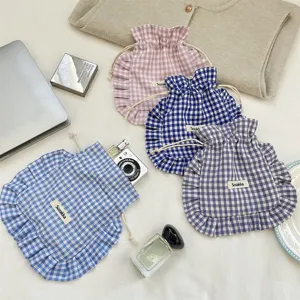Cute plaid ruffle drawstring bag portable storage pouch sweet fabric organizer bag for daily use