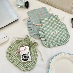 Cute plaid ruffle drawstring bag sweet fabric storage pouch portable organizer for daily use