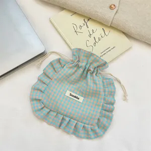Fresh plaid drawstring bag with lace edge, sweet fabric storage pouch for socks and underwear daily use.