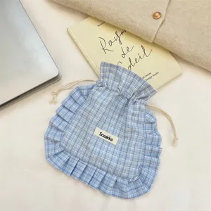 Blue plaid drawstring pouch, cute fabric storage bag for underwear and socks, portable daily organizer.