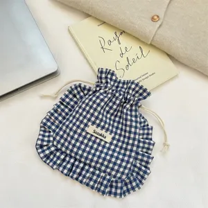 Blue and white gingham drawstring pouch, cute ruffled cloth storage bag for daily use.