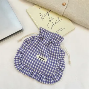 Purple gingham fabric drawstring storage bag with ruffle lace, portable cute cloth organizer.