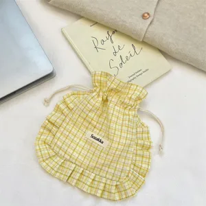 Cute yellow plaid drawstring pouch, sweet fabric storage bag for underwear and socks.