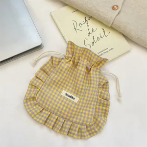Yellow and purple plaid drawstring pouch, sweet fabric storage bag with cute ruffle details.