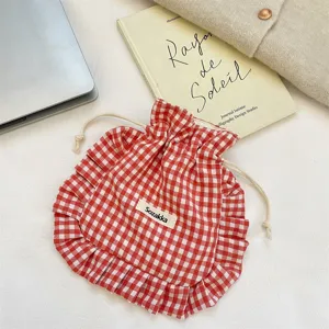 Red and white checkered drawstring pouch sweet fabric makeup storage bag for travel cosmetics