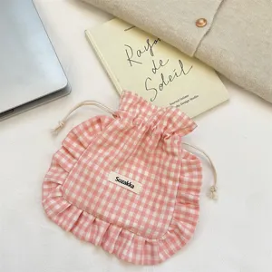 Pink plaid ruffle drawstring pouch detail, cute fabric storage bag for small items