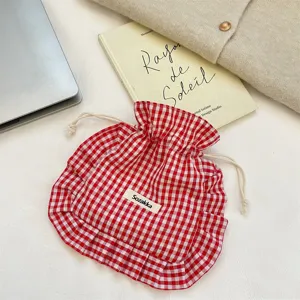 Red and white gingham drawstring storage bag, cute ruffle edge portable fabric pouch for socks.
