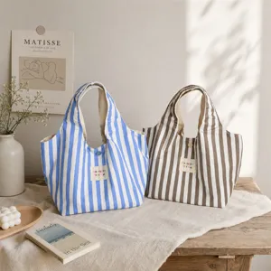 Τσάντα shopper από καμβά με ρίγες, κορεατικού στιλ, φορητή τσάντα για καθημερινή χρήση.