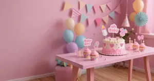 Pink baby shower cake topper set, glitter paper cupcake inserts and party decoration flags.