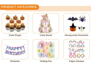 Party cake decoration and holiday ornament collection including toppers, stands and banners.