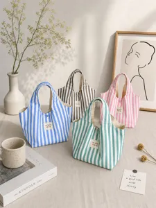 Κορεατικό Στυλ Ριγέ Τσάντα Canvas Tote για Γυναίκες Φορητή Τσάντα Φαγητού Μεγάλης Χωρητικότητας Απλή Τσάντα Χειρός Μόδας