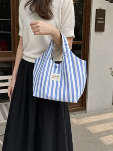 Μπλε και λευκό ριγέ τσάντα tote από καμβά χειρός casual για καθημερινές αγορές και μεσημεριανό