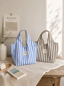 Κορεάτικη τσάντα tote από καμβά με ριγέ σχέδιο, γυναικεία τσάντα χειρός για καθημερινή.