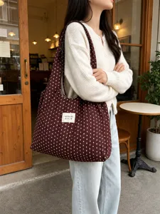 Bolso tote marrón con lunares arrugado, gran bolso de hombro casual para uso diario.
