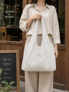 Bolso de hombro de lona de lunares casual, gran capacidad bolsa tote diaria para mujeres.