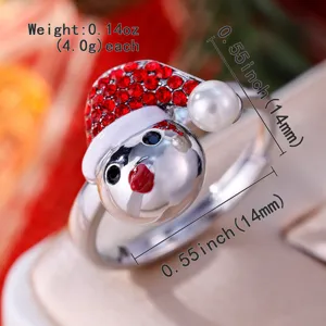 Anillo abierto de muneco de nieve de Navidad con estrass rojos perla joyeria festiva unica