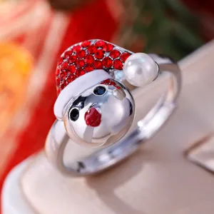 Anillo abierto de muñeco de nieve navideño con pedrería roja perla joyería festiva linda