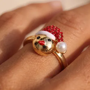 Anillo Abierto de Muñeco de Nieve de Navidad Ajustable de Cobre con Circonia Incrustada y Perla Artificial Joyería Festiva para Mujer