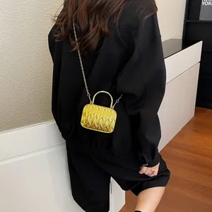 Korean style pleated acrylic box bag gold metallic mini crossbody handbag stylish chic evening bag