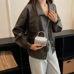 Detailed shot of a metallic silver pleated box bag with metal handle and chain strap.