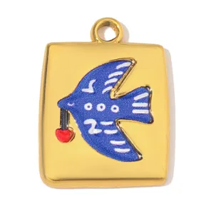 Goldener Edelstahl quadratischer Anhänger mit blauem Emaille Vogel und rotem Herz für DIY Schmuck.