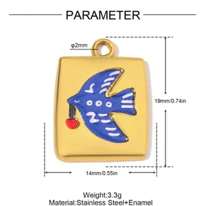Goldener Edelstahl blauer Vogel Emaillierter Anhänger DIY Schmuck Charm mit Maßangaben.