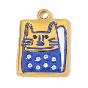 Edelstahl blaue Katze Emaillierter Anhänger Detail, süßer Charm für DIY Halsketten.