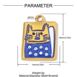 Edelstahl blauer Emaillierter Katzen Anhänger Detailansicht, goldener Anhänger mit Maßen.