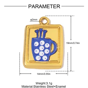 Edelstahl Emaillierte Kaffeetasse Anhänger Detail, goldrand blauer Charm mit Maßangaben.