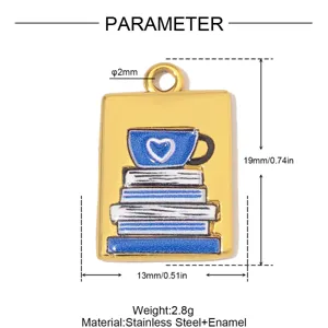 Edelstahl Emailliertes Buch und Kaffeetasse Anhänger Detail Größe und Technische Daten
