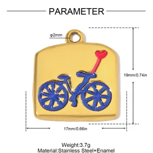 Detailansicht des Edelstahlanhängers mit Fahrrad-Motiv, Maßen und Gewichtsangaben versehen.