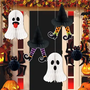 Halloween honeycomb hanging ornaments set, featuring ghost, witch legs and spider designs.