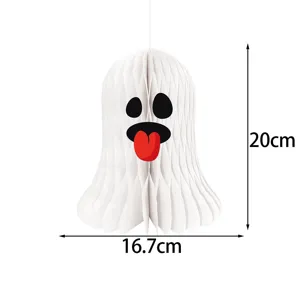Halloween white ghost paper honeycomb hanging decoration detail view showing 20cm size.