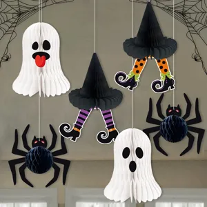 Halloween paper honeycomb hanging decorations set, ghost witch legs and spider ornaments.