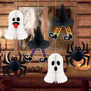 Halloween honeycomb hanging decorations set, ghosts, witches legs and spiders party props