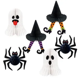 Halloween honeycomb decorations set including ghost spider and witch hat paper hanging ornaments.